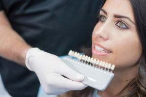 Dentist using shade guide to select color for veneers or crowns